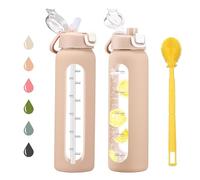 chunmo 32 oz Glass Water Bottle with 2 Lids - Handle Spout & Straw, 1 Litre Motivational Borosilicate Bottle with Time Marker and Silicone Sleeve, Leakproof - Amber
