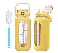 chunmo 64oz Glass Water Bolttles with Straw Half Gallon Large Motivational Water Bottle with Time Marker Sports Water Bottles with Silicone Sleeve and Handle Lid Water Jug for Gym Workout