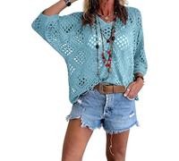 CHUNOTU Boho Tops for Women UK Womens Bohemian-Inspired Beige Crochet Top Summer V Neck 3/4 Sleeve Shirts Hollow Out Knit Beach Cover Ups Bohemian Holiday Vacation Jumpers