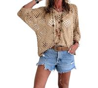 CHUNOTU Boho Tops for Women UK Womens Bohemian-Inspired Beige Crochet Top Summer V Neck 3/4 Sleeve Shirts Hollow Out Knit Beach Cover Ups Bohemian Holiday Vacation Jumpers