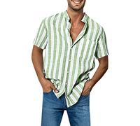 CHUNOTU Striped Shirts for Men Adult Classic Vertical Stripe Button Down Dress Shirt Short Sleeve Business Formal Party Tops, Green, L