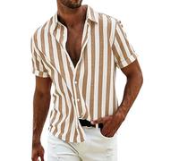 CHUNOTU Striped Shirts for Men Adult Classic Vertical Stripe Button Down Dress Shirt Short Sleeve Business Formal Party Tops, Y01-Khaki, XL
