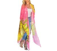 Chunoy Women Casual Floral Printed Open Front Long Chiffon Kimono Cardigan Loose Lightweight Beach Cover Up, Pink Sunflower, XX-Large