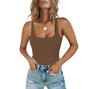 Chunpin Women's Square Neck Tank Bodysuit Sleeveless Tank Top Double Lined Body Suit Going Out Outfits Thong Bodysuits, Brown, Small