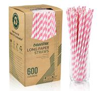 Chunspak 10.25" Long Pink/White Striped Disposable Paper Drinking Straws Bulk - Unwrapped [600 Counts], CNCK600-PINK