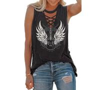 CHUNTIANRAN Womens Rock Roll Girl Strong Eagle Tank Sexy Hollow Out Deep V Neck Sleeveless T Shirt Blouse, Dark Grey Guitar Wing, L