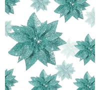 Chunyin 24 Pcs Christmas Glitter Artificial Poinsettia Flowers 6 Inch 4 Inch 3 Inch Poinsettia Clip on Ornaments Christmas Tree Decorations Indoor Xmas Poinsettias for Wreath Fireplace(Blue Green)