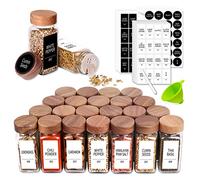 Churboro 24 Spice Jars with 547 Labels - Glass Spice Jars with Shaker Lids - 4 Oz Square Spice Containers with Acacia Wood Lids, Chalk Pen, Funnel- Seasoning Jars for Spice Rack, Cabinet, or Drawer