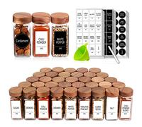 Churboro 48 Spice Jars with 547 Labels and Shaker Lids - Glass - 4 Oz Square Containers with Acacia Wood Lids, Chalk Pen, Funnel Seasoning Jars for Spice Rack, Cabinet, or Drawer
