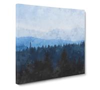 Church Beyond the Forest Painting Modern Canvas Wall Art Print Ready to Hang, Framed Picture for Living Room Bedroom Home Office Décor, 14x14 Inch (35x35 cm)