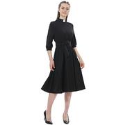 Church Dresses for Women Vintage Audrey Hepburn Style Tab Collar Swing Midi Dress 3/4 Puff Sleeve with Long Belt Black