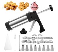 Churro Maker Machine - Stainless Steel Churros Gun Kit, 3-In-1 Multifunctional Cookie Press Gun with Piping Bag, 8 Piping Nozzles and 16 Cookie Discs for Making Churro, Cookie and Cake DIY