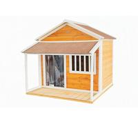 CHURRZZ Indoor-Outdoor Wooden Dog House, Porch, Asphalt Roof, Plastic Door Curtain, Ventilation Windows, Brown, Weatherproof, Small to Medium Dog, Puppy Kennel