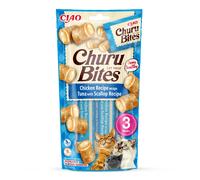Ciao Churu Bites by INABA Cat Treat - Chicken, Tuna & Scallop Flavour (3 x 10g) / Crispy Pouches with Creamy Filling, Delicious & Healthy Snack for Cats, Hand Feeding, Natural, Grain Free