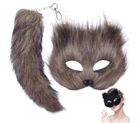 Chushane Therian Mask and Tail Set Dress Up Half Face Masquerade Party Halloween Carnival Mask Fancy Cosplay Animal Fox Costume Prop (Grey)