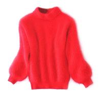 CHUSHEN Women's Casual Cable Knit Jumper Long Sleeve Crewneck Solid Color Chunky Pullover Sweater, Cashmere Loose Solid Color Knit Sweater, Vintage Angora Sweater for Women (Red,One Size)