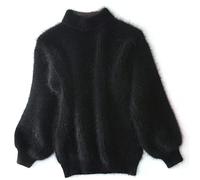 CHUSHEN Women's Casual Cable Knit Jumper Long Sleeve Crewneck Solid Color Chunky Pullover Sweater, Cashmere Loose Solid Color Knit Sweater, Vintage Angora Sweater for Women (Black,One Size)