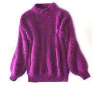 CHUSHEN Women's Casual Cable Knit Jumper Long Sleeve Crewneck Solid Color Chunky Pullover Sweater, Cashmere Loose Solid Color Knit Sweater, Vintage Angora Sweater for Women (Purple,One Size)