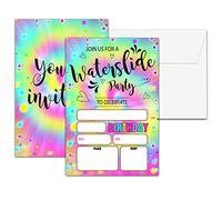 Chuxvon Waterslide Birthday Party Invitations, Summer Pool Birthday Invitation, Double-Sided Tie Dye Themed Fill In Invites, Kids Splash Birthday Party Decorations, 20 Cards With 20 Envelopes(C04)
