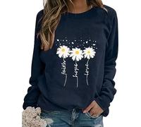 Chvity Fall Womens Crewneck Sweatshirts Faith-Hope-Love Daisy Print Shirts Casual Long Sleeve Pullover Tops, Navy, Large