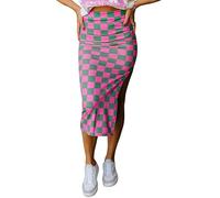 Chvity Plaid Skirts for Women Casual High Waisted Side Slit Classic Checkered Print Stretch Tight Pencil Skirt Trendy, Pink Green Plaid, M