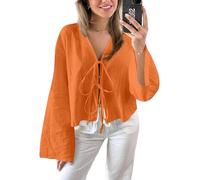 Chvity Tie Front Tops for Women Y2K Linen Shirts Flare Sleeve V Neck Going Out Coquette Clothes Casual Lace Up Bow Blouses, Orange, XL