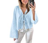 Chvity Tie Front Tops for Women Y2K Linen Shirts Flare Sleeve V Neck Going Out Coquette Clothes Casual Lace Up Bow Blouses, Blue, XL