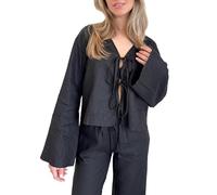 Chvity Tie Front Tops for Women Y2K Linen Shirts Flare Sleeve V Neck Going Out Coquette Clothes Casual Lace Up Bow Blouses, Black, XL