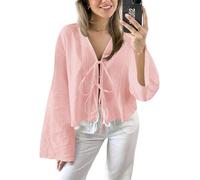Chvity Tie Front Tops for Women Y2K Linen Shirts Flare Sleeve V Neck Going Out Coquette Clothes Casual Lace Up Bow Blouses, Light Pink, XL