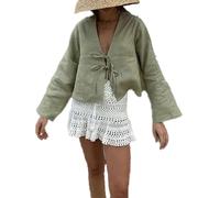 Chvity Tie Front Tops for Women Y2K Linen Shirts Flare Sleeve V Neck Going Out Coquette Clothes Casual Lace Up Bow Blouses, Green, L