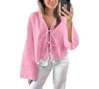 Chvity Tie Front Tops for Women Y2K Linen Shirts Flare Sleeve V Neck Going Out Coquette Clothes Casual Lace Up Bow Blouses, Pink, L