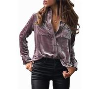 Chvity Velvet Tops for Women Vintage Long Sleeve Button Down Shirts Blouse for Pocket, Burgundy Velvet Tops, M