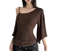 Chvity Women One Shoulder Halter Top 3/4 Bell Sleeve Off The Shoulder Tops Solid Slim Fit Spring Summer T-Shirt Tees, Brown, M