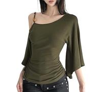 Chvity Women One Shoulder Halter Top 3/4 Bell Sleeve Off The Shoulder Tops Solid Slim Fit Spring Summer T-Shirt Tees, Army Green, L