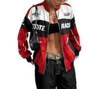 Chvity Womens Racing Jacket Color Block Letter Graphic Bomber Jackets Zip Up Lightweight Varsity Coats Y2k Outerwear, Red, M