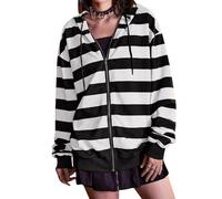 Chvity Women's Zip Up Hoodie Striped Long Sleeve Sweatshirt for Women Oversized 90S Y2K Drawstring Streetwear Grunge Jacket, Black White, S