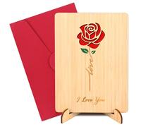 Chyaya Romantic Red Rose Walnut Love Card with Envelope- Handcrafted Wooden Valentine's Card for Her/Him, Birthday, Anniversary, Wedding Gift for Wife, Husband, Girlfriend, Boyfriend(With Stand)