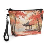 CHYDANY Ancient Pavilion in The Maple Forest Makeup Bag, PU Leather,Makeup Pouch with Handle And Zipper ,Cosmetic Bag for Mother, Friends & Women 8.9 X 2.6 X 5.7 In
