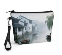 CHYDANY Early Morning in Jiangnan Water Town Makeup Bag, PU Leather,Makeup Pouch with Handle And Zipper ,Cosmetic Bag for Mother, Friends & Women 8.9 X 2.6 X 5.7 In