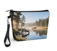 CHYDANY Elk Drinking Water by The River Makeup Bag, PU Leather,Makeup Pouch with Handle And Zipper ,Cosmetic Bag for Mother, Friends & Women 8.9 X 2.6 X 5.7 In