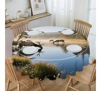 CHYDANY Elk Drinking Water by The River Tablecloth, Wipeable and Reusable,Table Cover, Polyester,Round Table Cloth for Restaurant, Picnic, Indoor and Outdoor Dining 59.84 in