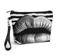 CHYDANY Lips Printed In Black And White Stripes Makeup Bag, PU Leather,Makeup Pouch with Handle And Zipper ,Cosmetic Bag for Mother, Friends & Women 8.9 X 2.6 X 5.7 In