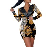 CHYDDU Blazer Dress Autumn Winter Long Sleeve V Neck Pu Leather Print Hip Dress Women Sexy Mini Skirt-Leopard Black-L