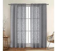 Chyhomenyc Charcoal Grey Sheer Curtains 72 Inches Long 2 Panels Set, Light Filtering Jacquard Textured Living Room Curtain, Rod Pocket Leaf Window Curtains for French Door, 42Wx72L Inches, 2 Panels