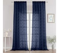 Chyhomenyc Extra Long Navy Blue Sheer Curtains 108 Inch Length 2 Panels Set, Light Filtering Tufted Textured Soft Airy Rod Pocket Gentle Leaf Window Treatment Drapes for Living Room, 52"Wx108"L, 2PCS