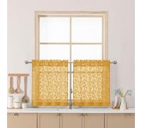 Chyhomenyc Gold Sheer Curtains 24 Inch Length, Light Filtering Leaf Tufted Textured Small Window Kitchen Curtain Over Sink, Short Half Window Curtains for Bathroom Basement, 30" Wx24 L, 2 Panels