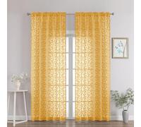 Chyhomenyc Gold Sheer Curtains 90 Inch Length 2 Panels Set, Light Filtering Tufted Textured Soft Airy Rod Pocket Gentle Leaf Window Treatment Drapes for Bedroom Living Room, 52" Wx90 L, 2PCS
