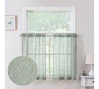 Chyhomenyc Marilyn Sage Green Sheer Curtains 36 Inch Length, Light Filtering Soft Airy 3D Leaf Clip Jacquard Textured Short Sheer Curtains for Bedroom Bathroom Small Windows, 38Wx36L Inches, 2 Panels