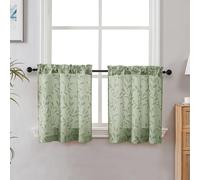 Chyhomenyc Mila Sage Green Kitchen Curtains 2 Panels, Small Window Curtains for Living Room Bathroom Laundry Basement, Modern Rod Pocket Light Filtering Jacquard Leaf Curtain, 30Wx24L inches