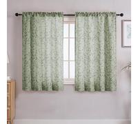 Chyhomenyc Mila Sage Green Kitchen Curtains 45 Inch Length, Semi Sheer Leaf Jacquard Textured Small Cafe Curtain, Light Filtering Short Window Curtains for Bathroom, Each 30Wx45L, 2PCS